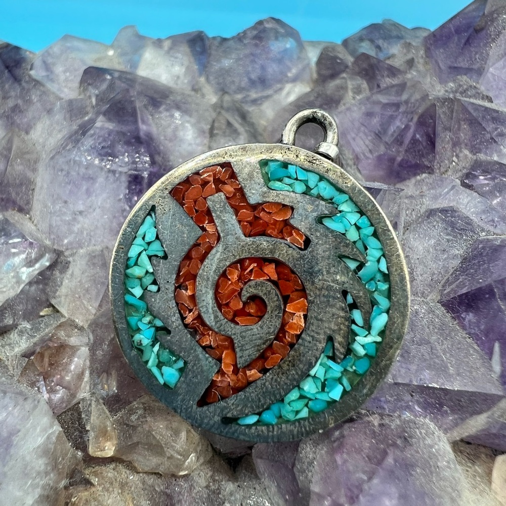 Turquoise and Coral Spiral Sterling Pendant